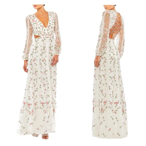 Mac Duggal New 70159 White Floral Embroidered Long Sleeve A-Line Cut Out Gown 0 - Picture 1 of 9